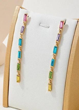 Тренд стильні золотисті сережки кульчики пусети підвіси кольорові цирконії4 фото