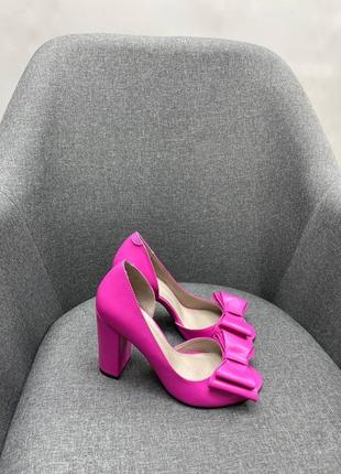 Кожаные туфли с бантиком на удобном каблуке фуксия малиновые розовые6 фото