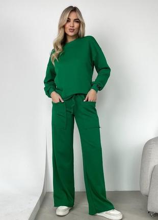 Костюм-двійка якісна трьохнитка не кашлатиться зелений широкі штани труби