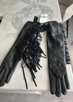 Нові довгі натуральні  шкіряні рукавиці zara з бахромою розмір м6 фото