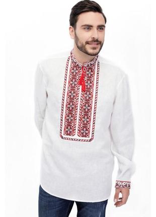 Рубашка вышиванка мужская льняная белая с красной вышивкой
