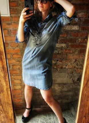 Джинсовое стрейч платье рубашка мини короткое миди в полоску blue baze2 фото