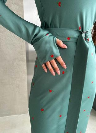 Неймовірна сукня шовкова міді з поясом рукавами по фігурі з принтом сердечками10 фото