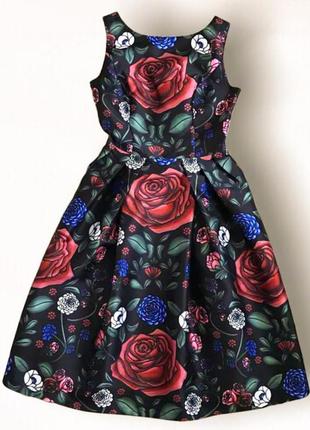 Нарядное пышное платье в розы с розами отрезное плотное вечернее колокольчик5 фото