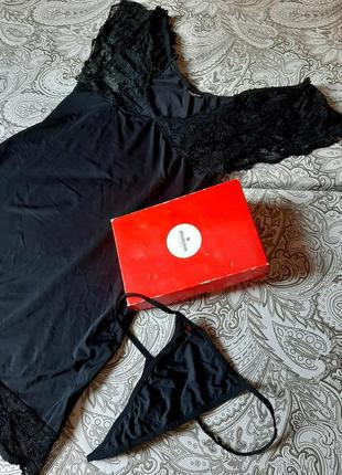 Комплект бебидол obsessive пеньюар эротич бельё чёрн кружев сорочка babydoll стринг3 фото