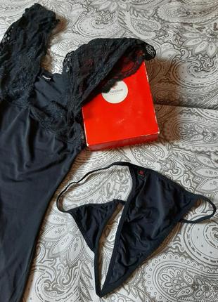 Комплект бебидол obsessive пеньюар эротич бельё чёрн кружев сорочка babydoll стринг6 фото