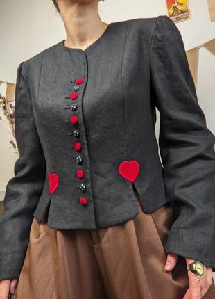 Жакет винтажный германия лен черный сердце горох карты алиса в стране чудес пиджак приталенный на пуговицах m l xl4 фото