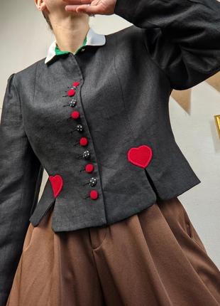 Жакет винтажный германия лен черный сердце горох карты алиса в стране чудес пиджак приталенный на пуговицах m l xl3 фото