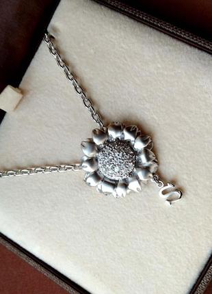Серебряное колье подсолнух, кулон цветок с фианитами и буква s на цепочке родированное серебро 925