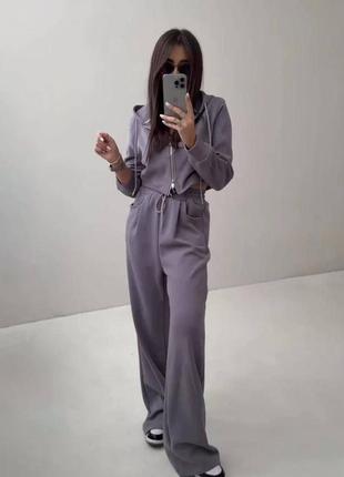 Женский костюм - штаны палаццо и укороченная кофта на молнии: молочный, серый, мокко