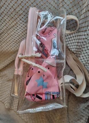 Рюкзак, ранець для дівчинки, ідеальний стан, прозорий, плотний матеріал (плівка). всередині сумочка на зав'язках, ручки і лямки з бавовни.4 фото