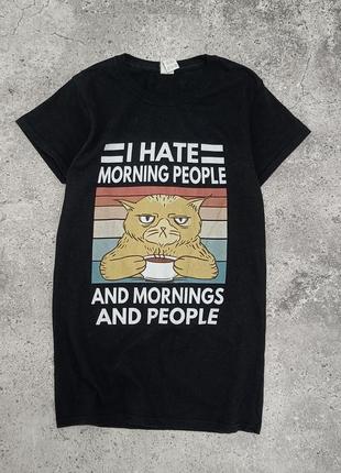 I hate morning people с котом футболка кот женская ячатая утренних людей юмор1 фото