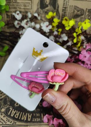 Весенние заколки клик-клак с цветочками набор из 2 шт для маленькой принцессы праздничные милые3 фото
