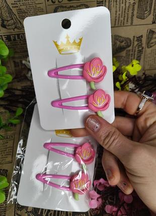 Весенние заколки клик-клак с цветочками набор из 2 шт для маленькой принцессы праздничные милые4 фото