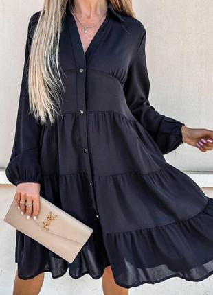Платье короткое однотонное свободного кроя на длинный рукав на пуговицах качественная стильная трендовая черная мокко