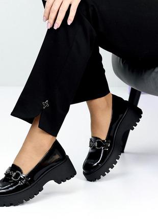 Черные лаковые глянцевые женские кожаные туфли лоферы натуральная кожа6 фото