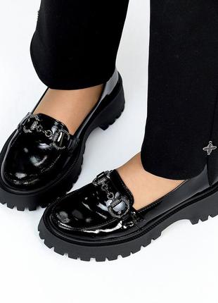 Черные лаковые глянцевые женские кожаные туфли лоферы натуральная кожа3 фото