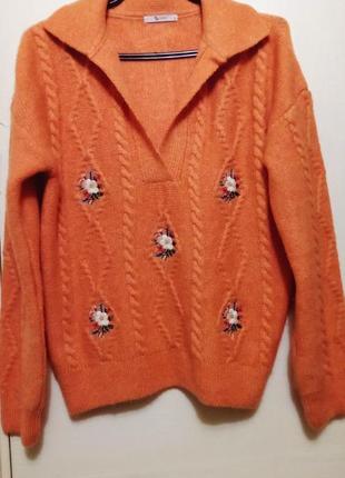 Джемпер свитер tu абрикосовый, жгуты, вышивка, воротник поло, р. 46-481 фото
