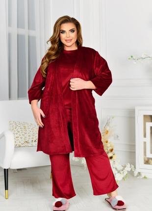 Велюровая пижама + халат 3615 красный1 фото