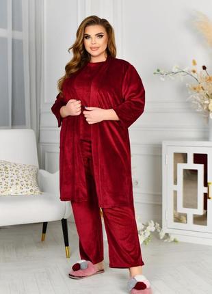 Велюровая пижама + халат 3615 красный4 фото
