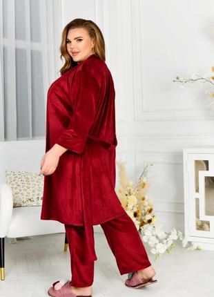 Велюровая пижама + халат 3615 красный5 фото