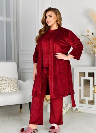 Велюровая пижама + халат 3615 красный3 фото