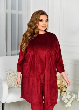 Велюровая пижама + халат 3615 красный2 фото