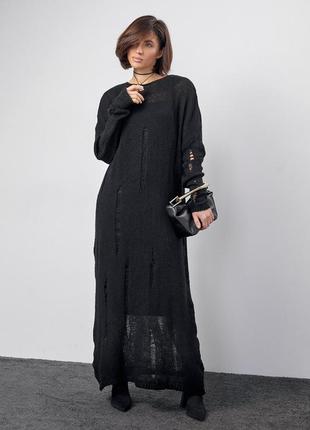 Вязаное платье с рваными элементами макси полупрозрачная прозрачная черная3 фото