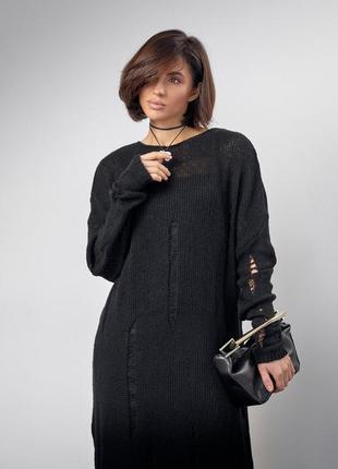 Вязаное платье с рваными элементами макси полупрозрачная прозрачная черная4 фото