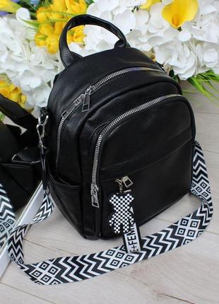 Женский рюкзак на лето широкий ремень эко-кожа черный4 фото