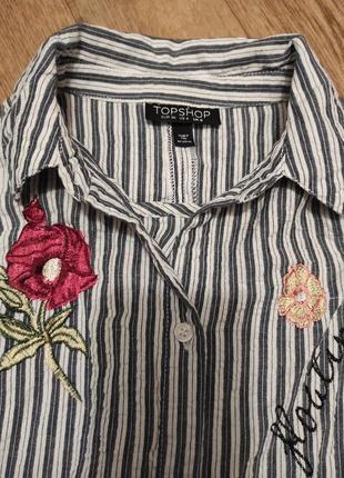 Рубашка в полоску с вышивкой натуральная вышиванка с укороченными рукавами5 фото