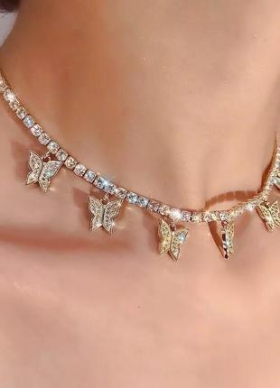 Ожерелье колье чокер цепочка золотистая с камнями з метеликами ланцюжок2 фото