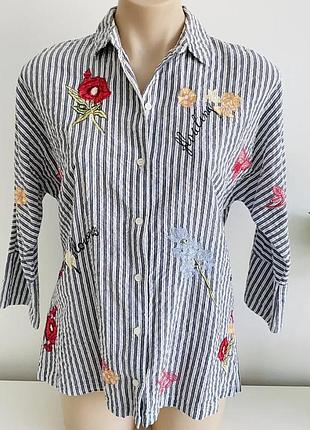 Сорочка в смужку з вишивкою натуральна вишиванка з укороченими рукавами