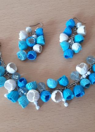 Комплект сережки дзвіночок браслет голуб білий бирюз сереб ланцюг колір1 фото