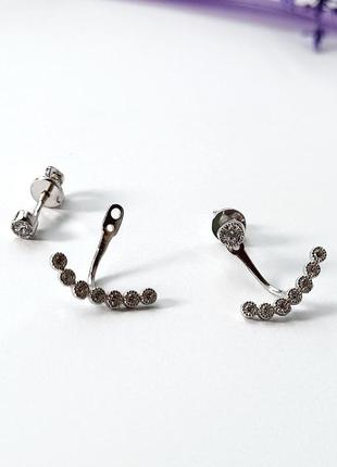 Срібні сережки гвоздики на закрутках трансформери з білими каменями срібло 925 проби родоване 54025р