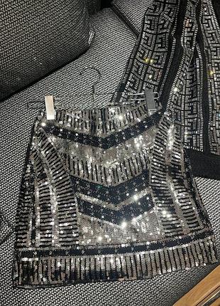 Юбка в стиле balmain пайетки серебряная мини