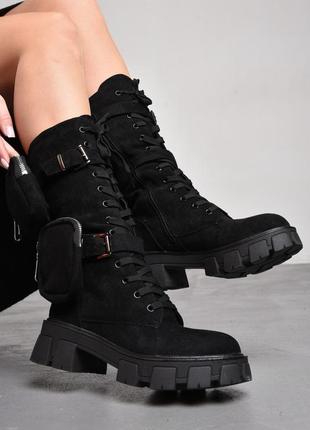Сапоги женские демисезонные черного цвета  ботинки на шнуровке на высокой платформе5 фото