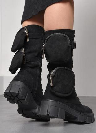 Сапоги женские демисезонные черного цвета  ботинки на шнуровке на высокой платформе7 фото
