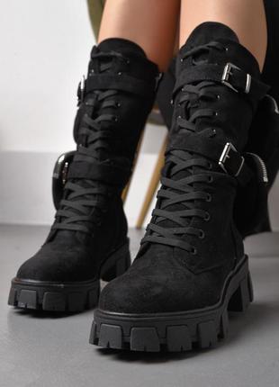 Сапоги женские демисезонные черного цвета  ботинки на шнуровке на высокой платформе6 фото