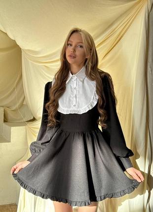 Платье мини черная на длинный рукав с воротником на пуговицах качественное стильное трендовое
