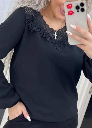 Нарядна блузка жіноча з мереживом літня чорна блуза з широкими рукавами стильна кофточка з довгим рукавом3 фото