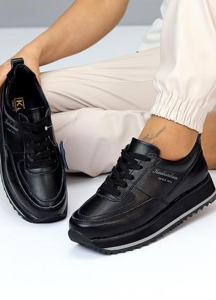 Модные черные кожаные женские кроссовки натуральная кожа на утолщенной подошве5 фото