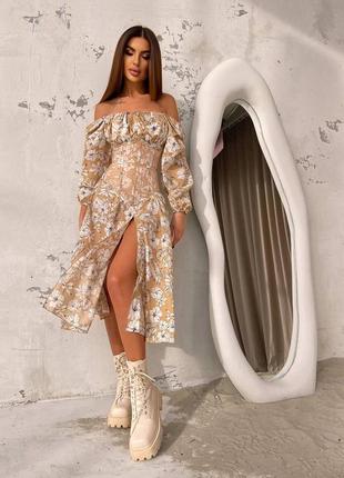 Принтованное цветочное платье миди с прозрачным корсетом, платье миди с квиктовым принтом, прозрачный корсет8 фото