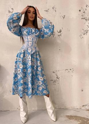 Принтованное цветочное платье миди с прозрачным корсетом, платье миди с квиктовым принтом, прозрачный корсет5 фото
