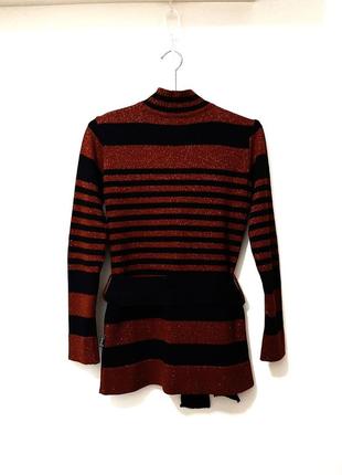 Claretta красивая кофточка с поясом зима/деми коричневая в чёрную полоску тёплая женская 44 46 свитерок лонгслив7 фото