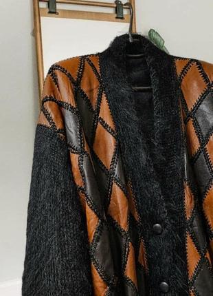 Оригинальный кардиган-пальто комбинированный шерсть и кусочки кожи оверсайз5 фото