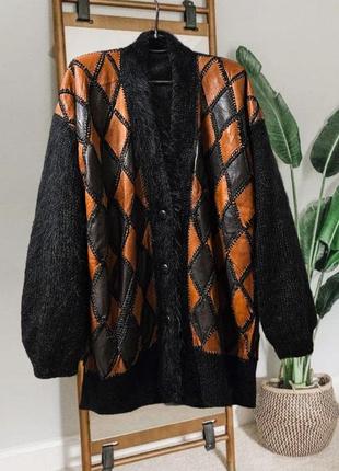 Оригинальный кардиган-пальто комбинированный шерсть и кусочки кожи оверсайз