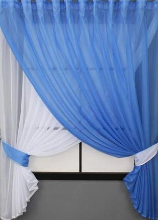 Кухонний комплект штор (280х170см) с підв'язками. "дует". колір блакитний з білим