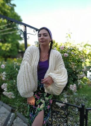 Женский вязаный кардиган объемный оверсайз большая вязкая ручная работа