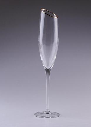 Бокал для шампанского фигурный из тонкого стекла ребристый с золотым ободком набор 6 шт